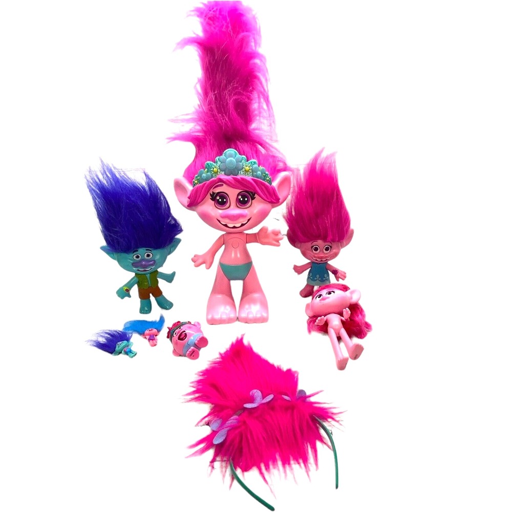 Lot of 8 Poppy and Branch Singing Musical Dolls Toys Troll movie BAB Headband